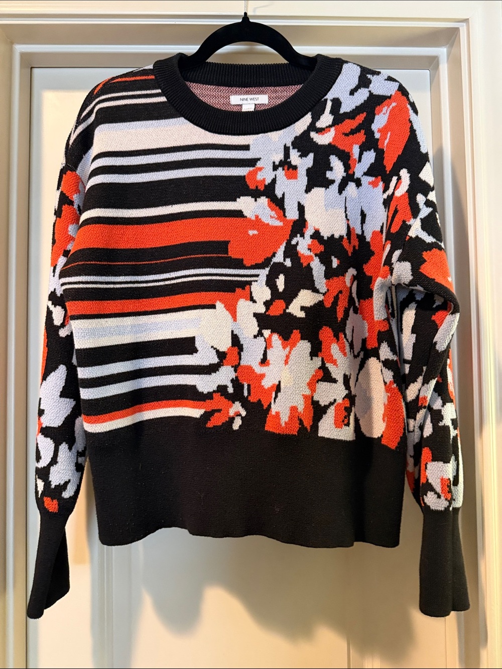 Nine West Black, Orange & White Floral-Stripe Crewneck Sweater